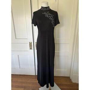 Vintage 90s Y2K Vintage Blue Floral Asian Maxi Dress Womens Size Med. Black